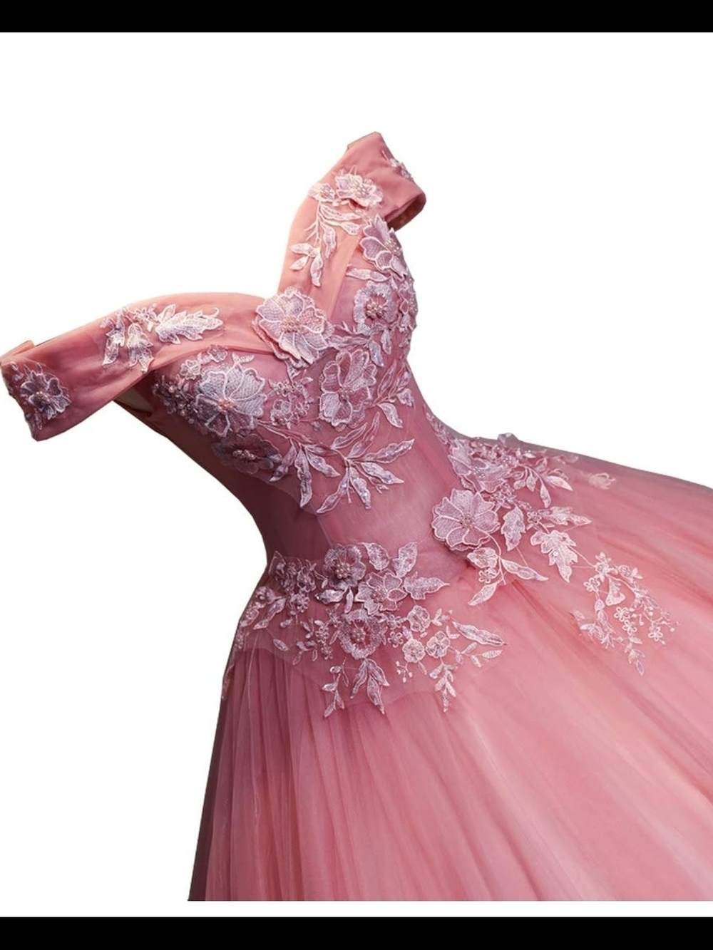 Off-Shoulder Peach Ball Gown Dress with Floral Lace - Picture 2 of 4
